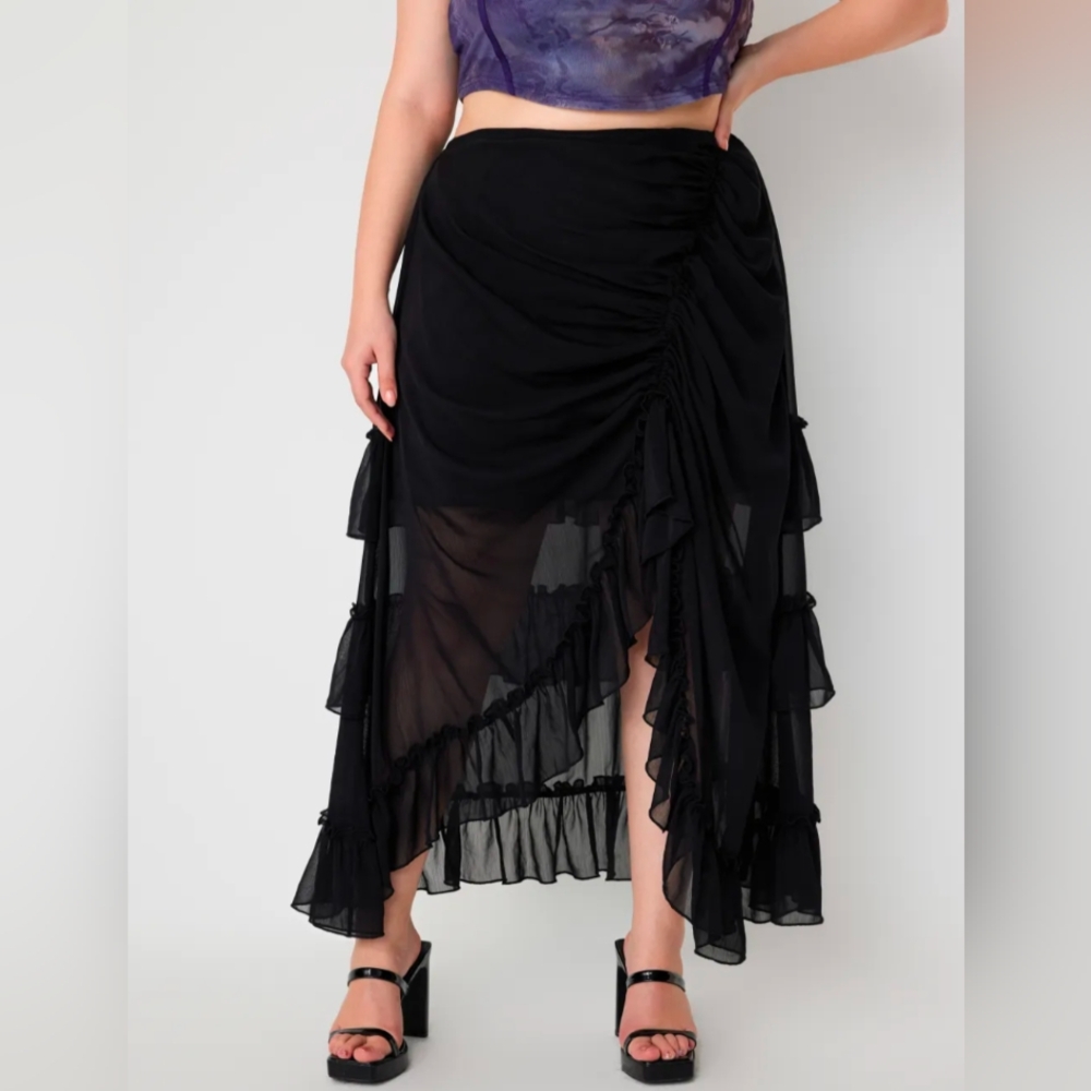 Cider | Ruffle Sheer Mid Waist Maxi Skirt Curve & Plus | NWT | 4X